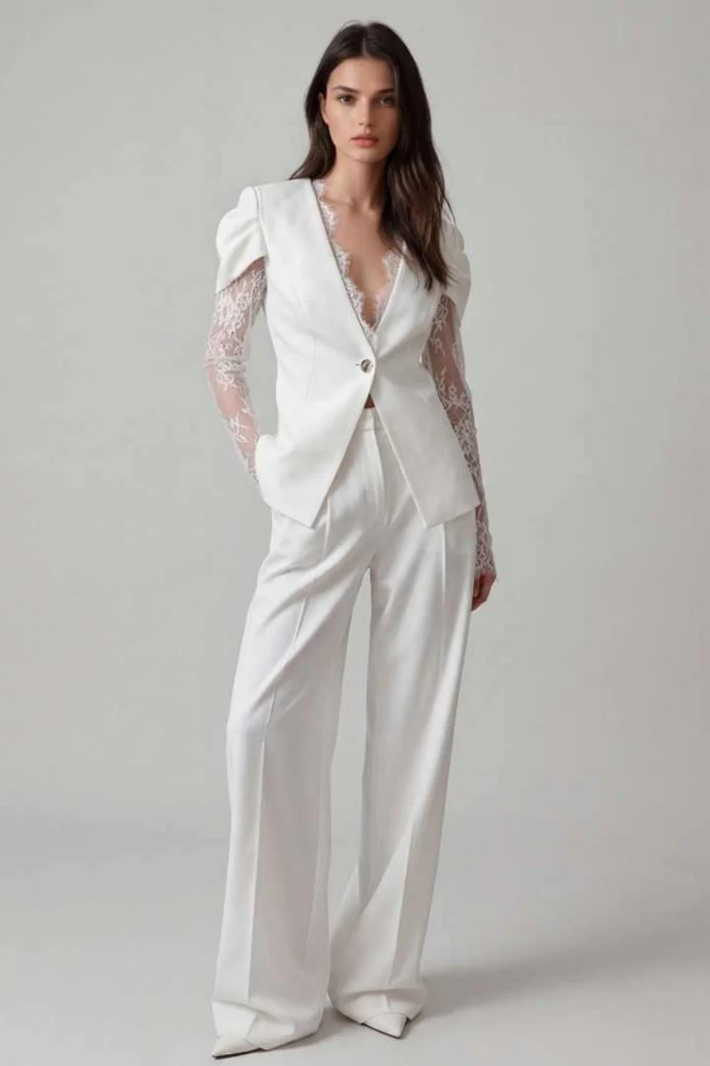 Fashionable Women Suits 2 Pieces Jacket Pants Single Breasted Lace Splicing Lady Business Banquet Occasion Wear Customized