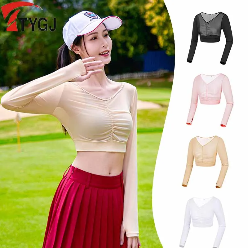 TTYGJ Golf Sunscreen Crop Top Women Summer Ice Silk Long-sleeved T-shirt Breathable Lace Mesh Shirt V-neck Short Bottoming Top