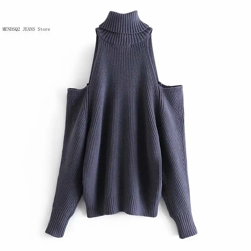 Autumn and Winter Off Shoulder Knitted Sweater Women\'s High Neck Loose Casual Fashion Sexy Knitted Pullover