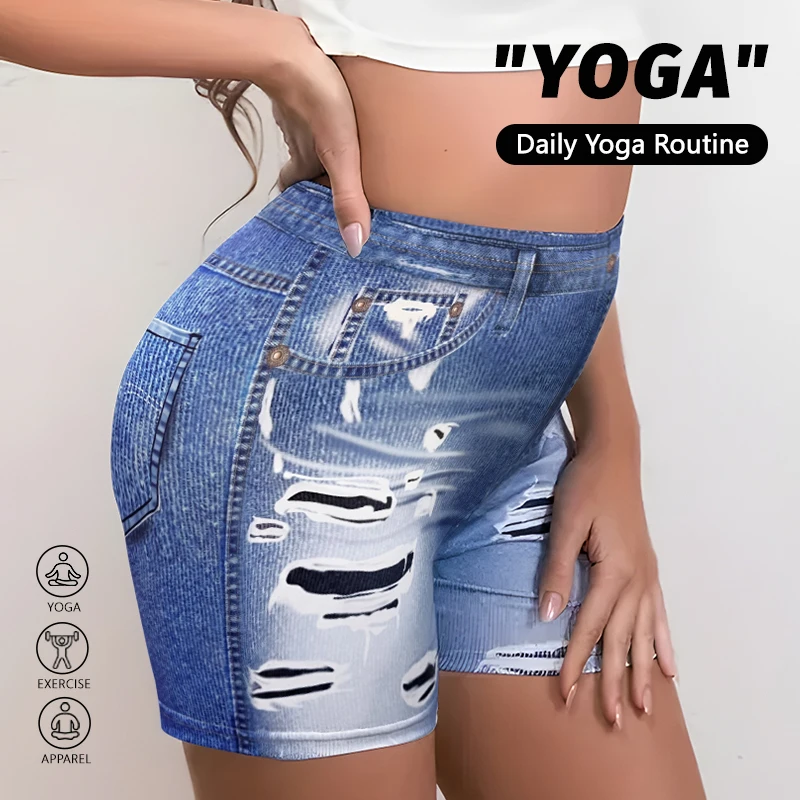 Summer New Women Daily Wear Short Pants Lady High Waist Elastic Slim Fit Leggings Pants Female Sexy Blue Non-Denim Print Shorts