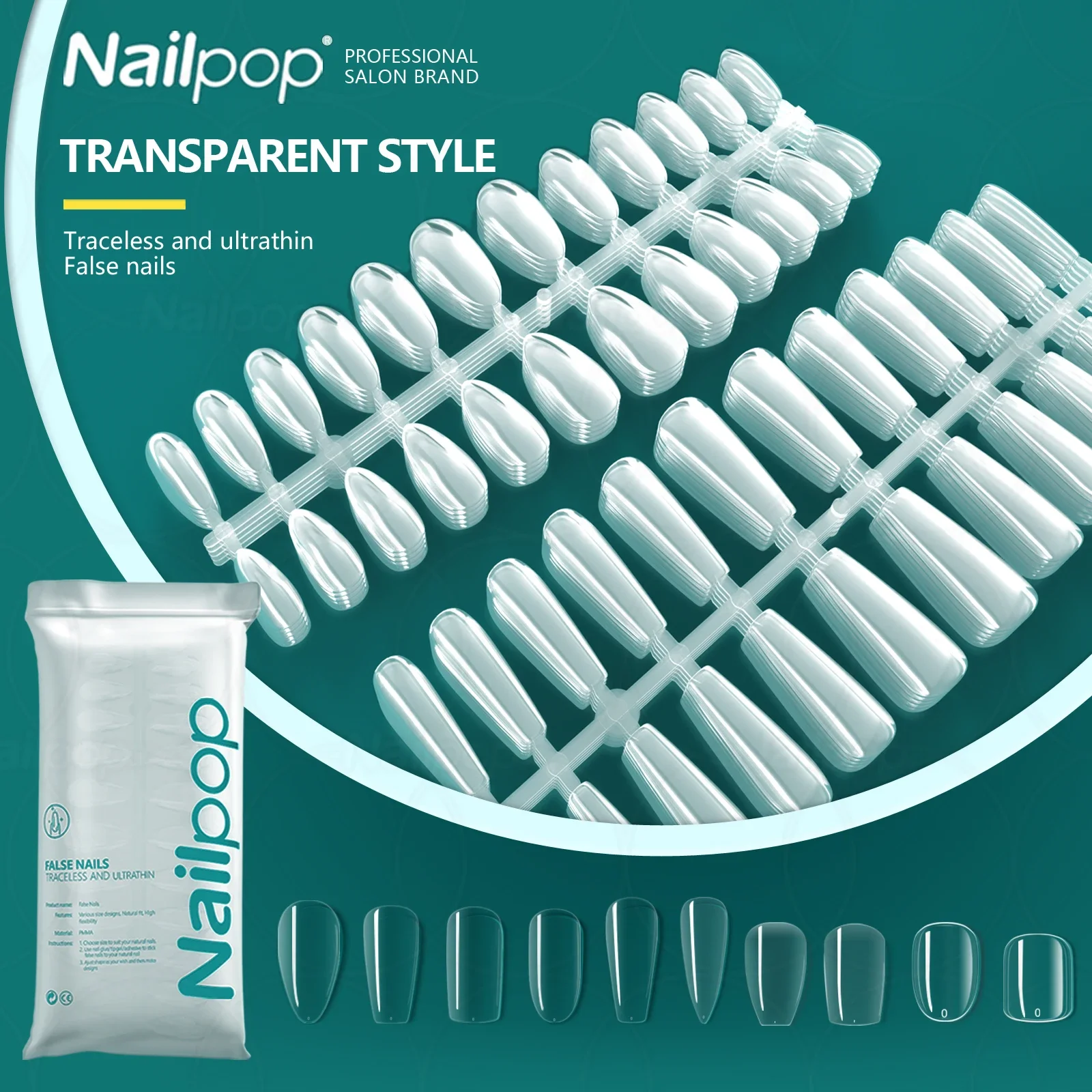 Nailpop 120pcs Transparent False Nails Acrylic Tips Full Cover Medium Short Fake Nails Coffin Press on Coffin Nail Accessories