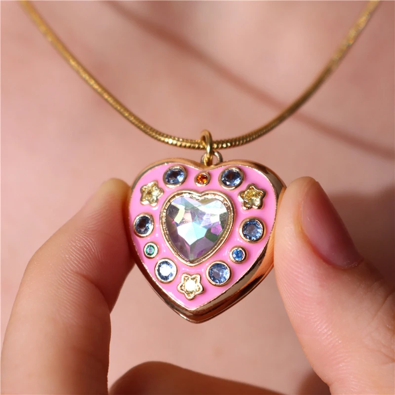 HangZhi Colorful Zircon Love Star Openable Pink Heart Photo Album Pendant Necklace for Women Girl Party Charm Jewelry 2023 New