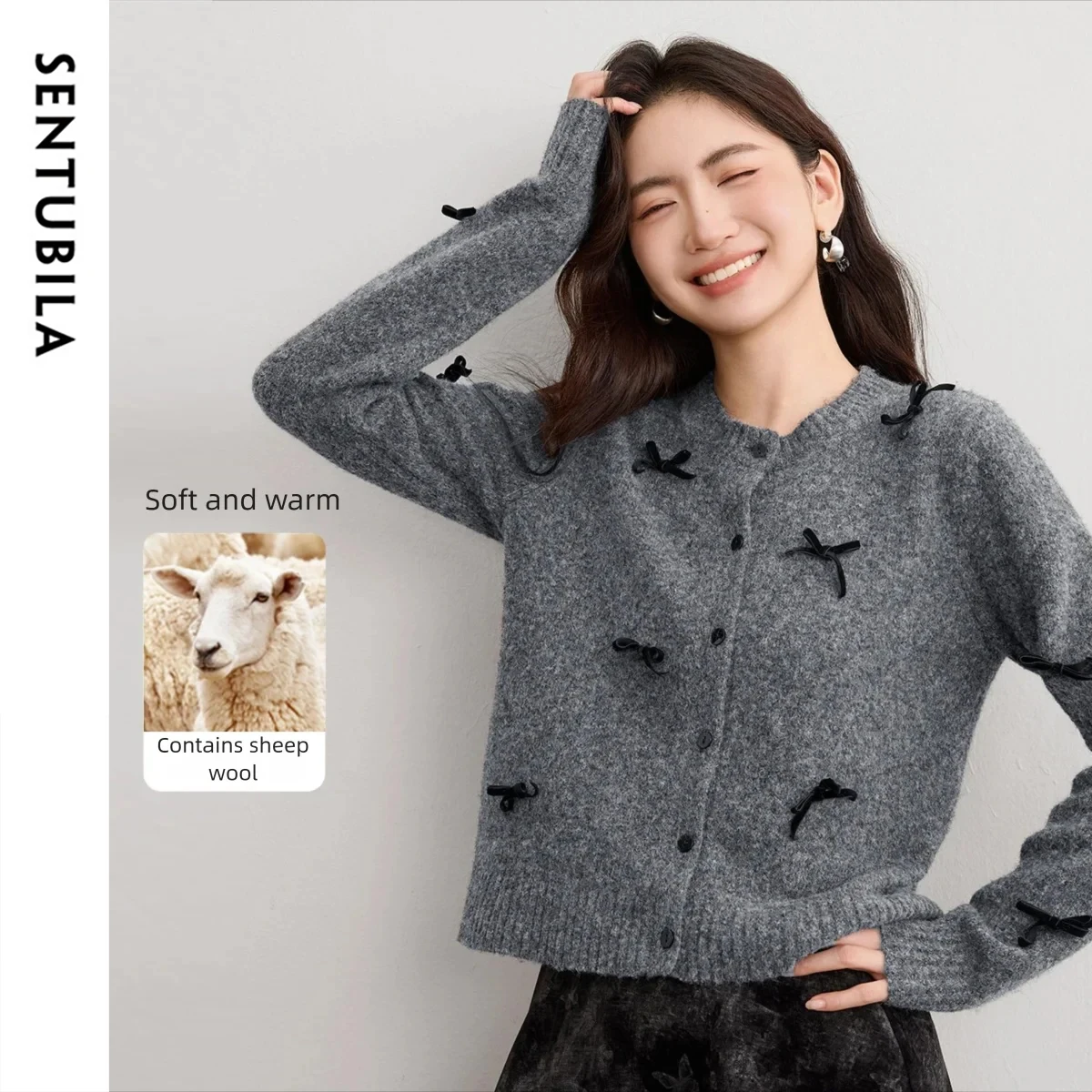 

SENTUBILA Long Sleeve Cardigans for Woman O-neck Single Breasted Soft Sweater 2025 Autumn Winter Solid Bow Cardigan W54EB3758