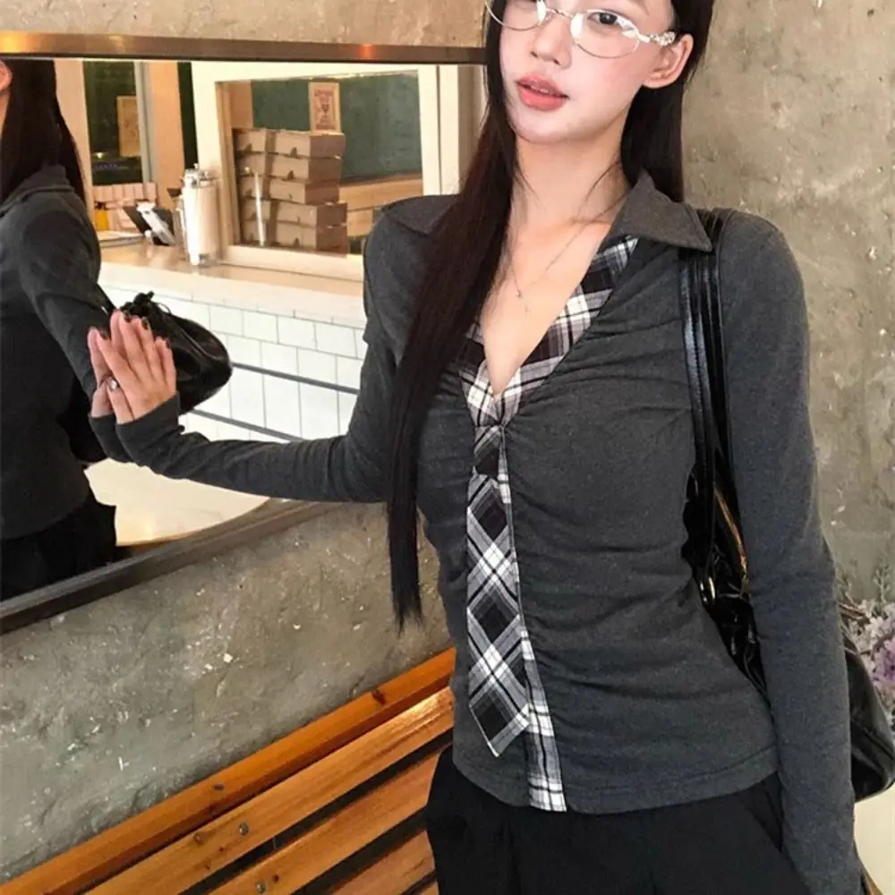 

Sweet Fake Tie Long Sleeve Cotton T-shirt Patchwork Collar Summer Slim Crop Tops Spicy Girl Style Simple Women's Grid Vest Club