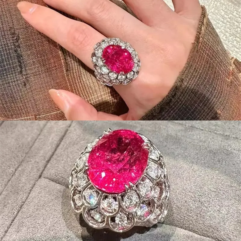Women's Pink Rose High-Carbon Simulated Diamond Cocktail Ring, Oversized Sparkle Statement Silver 925 Jewelry for Party Wedding