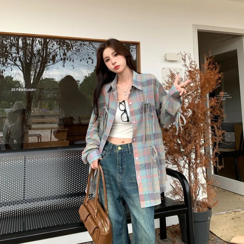

Retro American Plaid Shirt Women's Autumn Thin Loose Casual Outerwear Tie Design Polyester Fiber Long Sleeve Collar Button