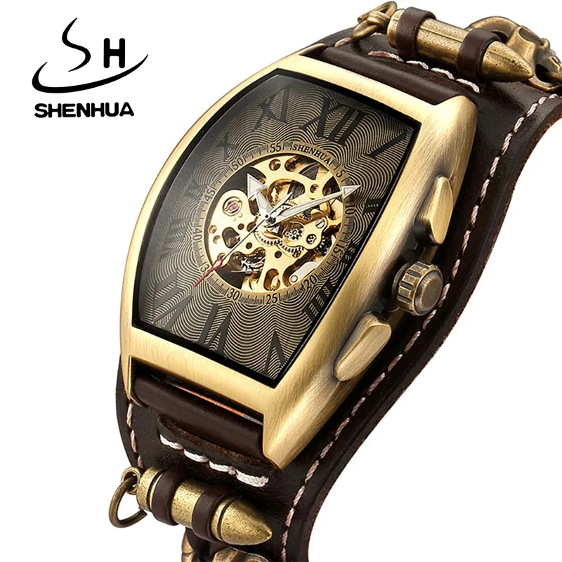 SHENHUA Vitage Steampunk Men Skeleton Watches Men Automatic Mechanical Watches Genuine Leather Strap Luminous pointer Men Watch