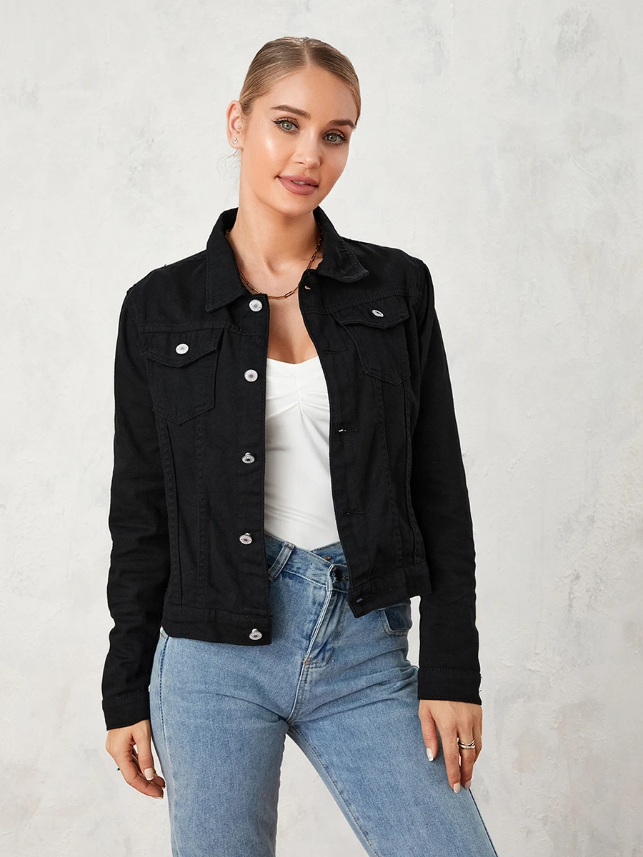 Women s Cropped Denim Jacket Casual Stretch Button Down Jean Jackets Coat Solid Long Sleeve Front Pocket Denim Jacket