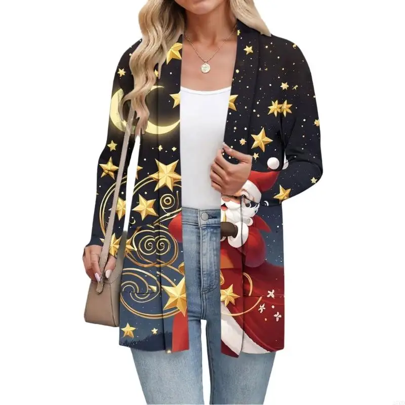

Women's Christmas printed long-sleeved lightweight cardigan, ugly Christmas loose coat with pockets
