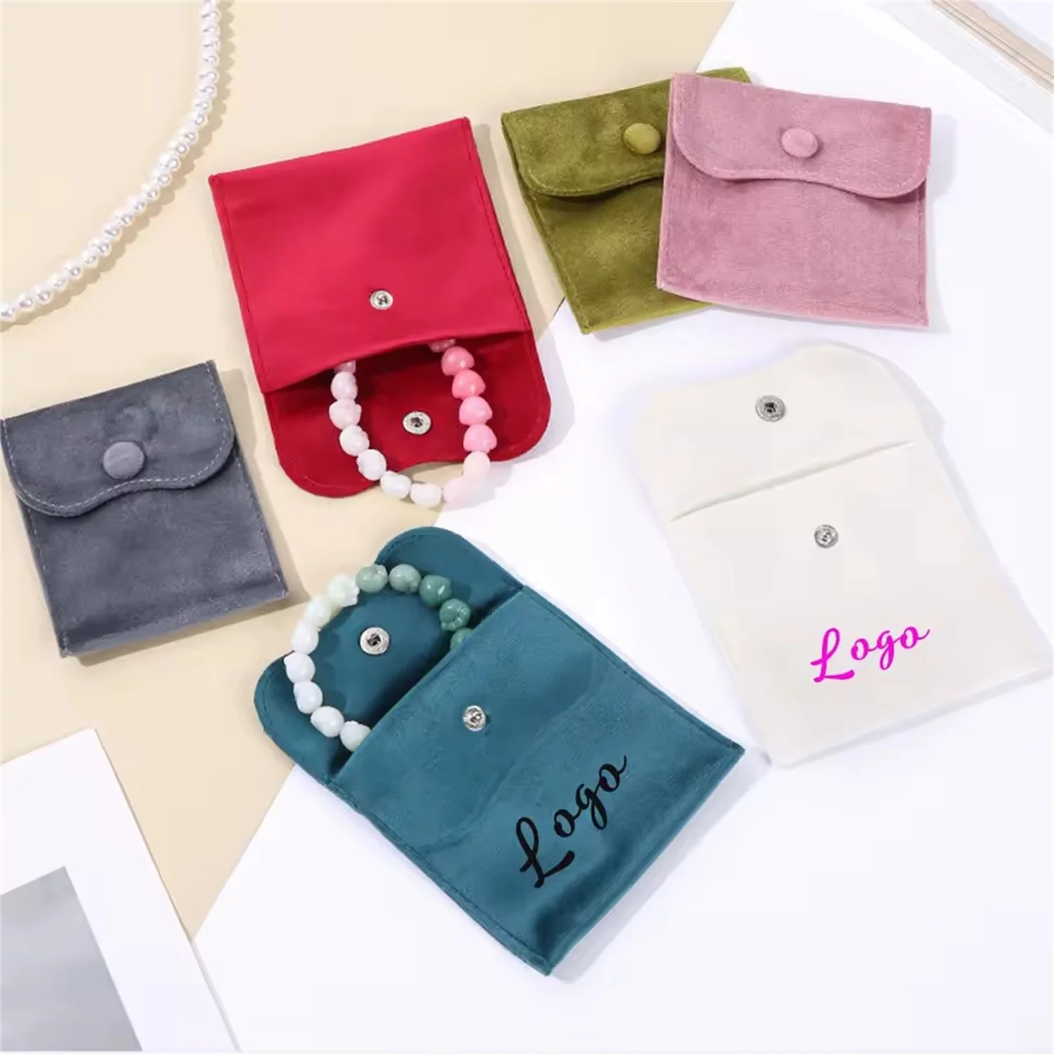 50/100pcs Custom Logo Jewellery Pouch Snap Button Soft Velvet Bag Envelope Jewelry Packaging Bracelet Necklace Earring Ring Bags