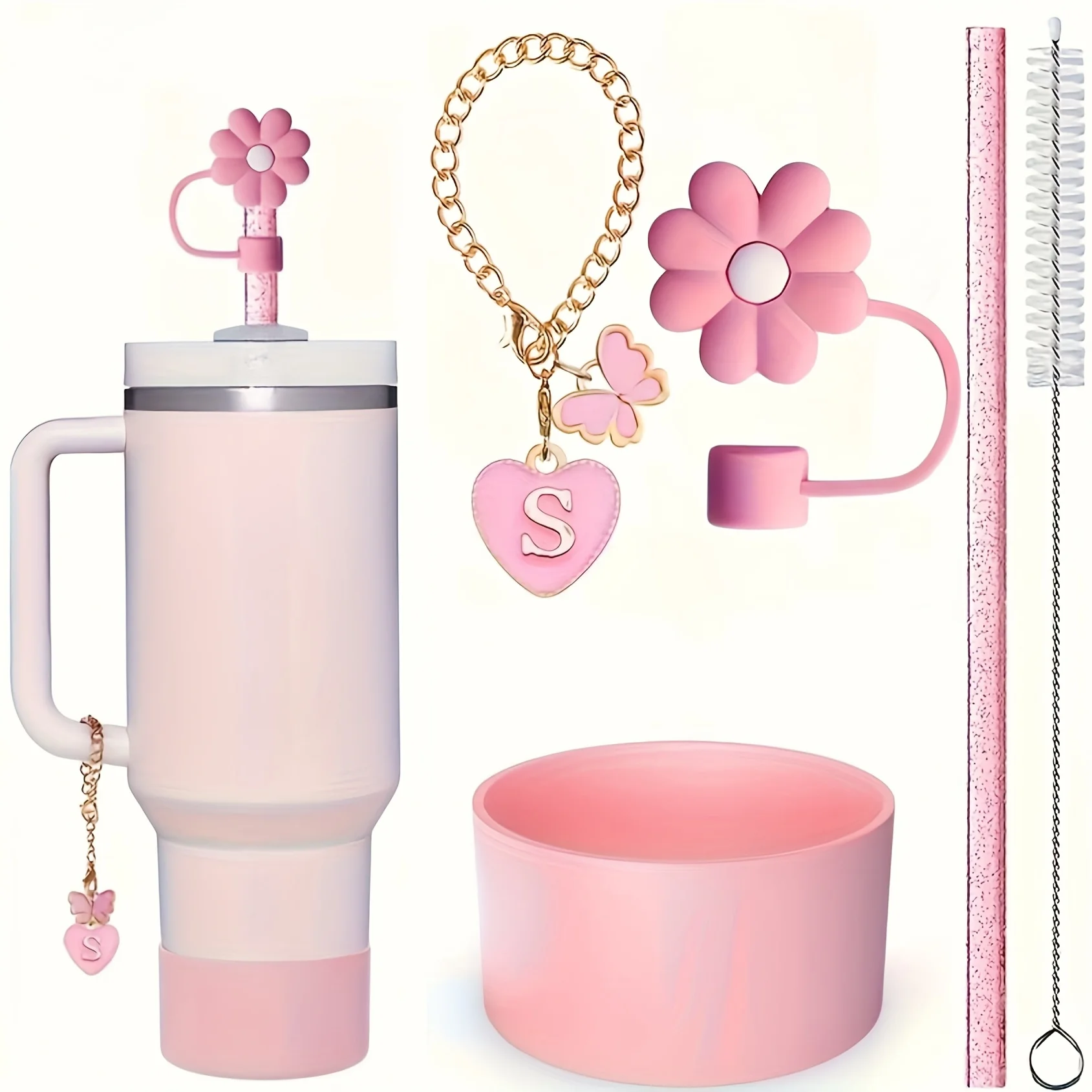5PCS D M Letter Butterfly Love Pendant Cup Accessories Set for 30oz 40oz Cups with Handle Includes Straw Topper Cover