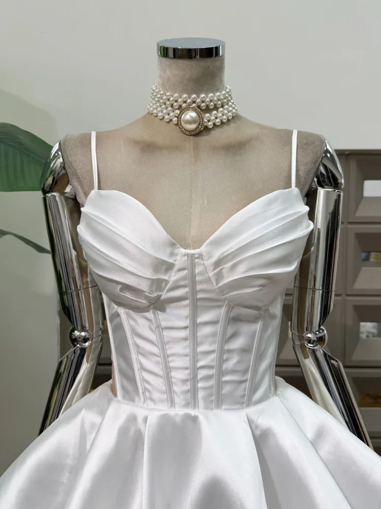 DFDG Vestido con corsé de algodón satinado elegante Pure Desire para primavera y verano 2025, vestido con tirantes finos con volantes y cintura atada