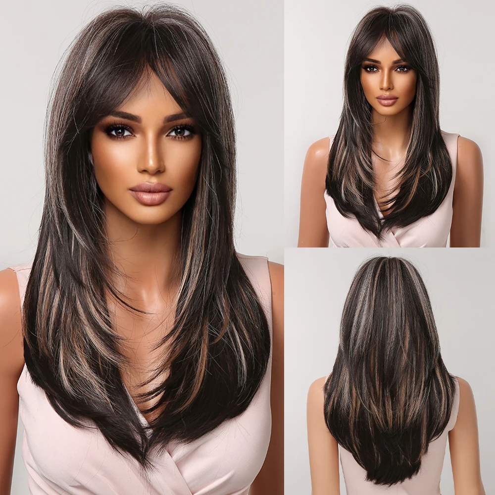 Long Straight Layered Synthetic Wig, Blonde Platinum Highlight