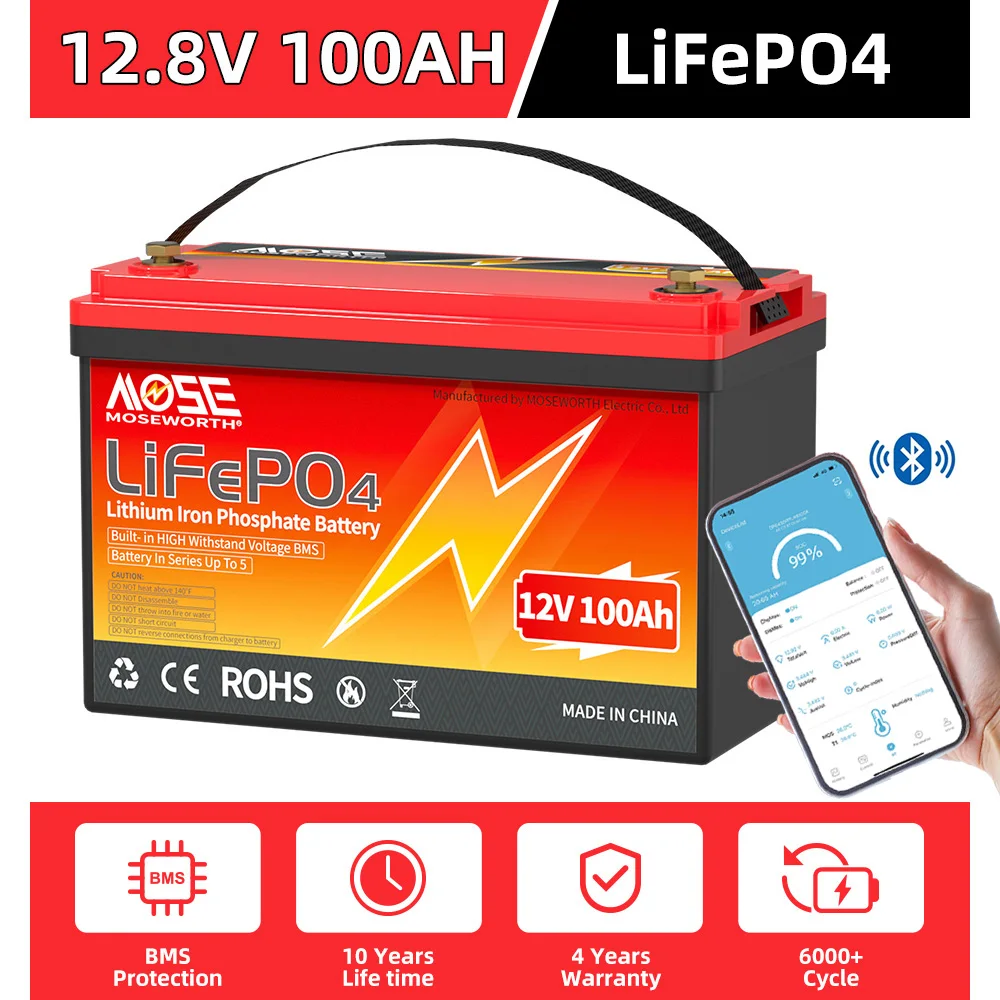 12V 100Ah LiFePO4 Battery Built-in Bluetooth BMS Lithium Iron Phosphate Rechargeable Battery Backup Power for RV Campers Solar