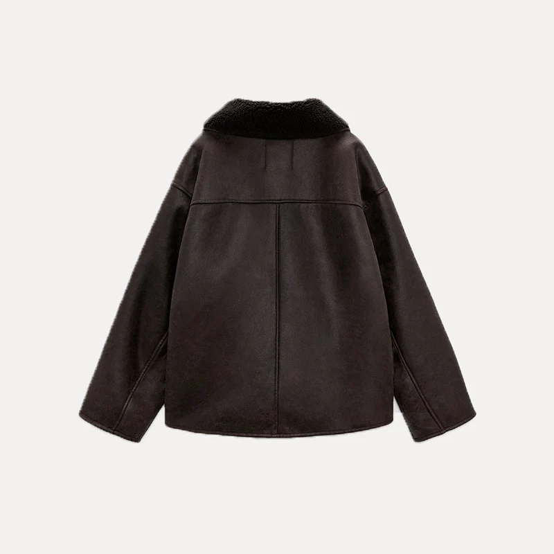เสื้อโค้ทผู้หญิงแฟชั่นสองด้าน หนังและขนสัตว์ สำหรับฤดูใบไม้ร่วงและฤดูหนาว รุ่นใหม่ ZDATA สไตล์ลำลอง ทรงเข้ารูป