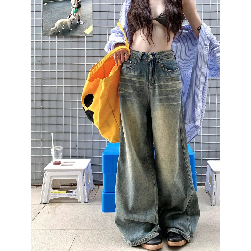 

New vintage washed distressed straight-leg jeans for women, loose and versatile wide-leg pants, slimming and floor-length