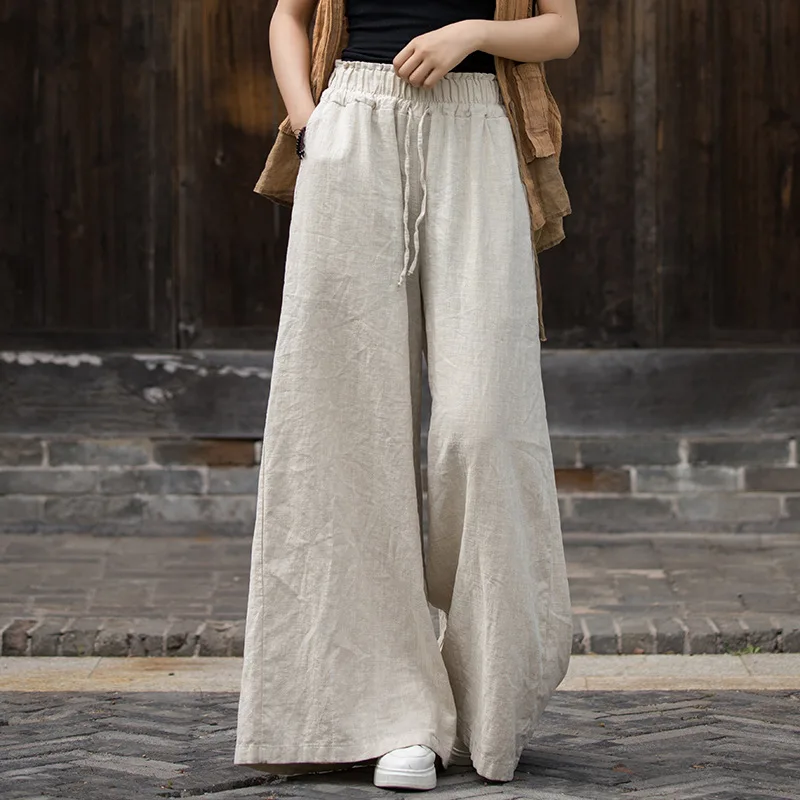 Winter New Original Latte Pattern Elastic Waist Ramie Wide-Leg Pants, Flowy & Flattering.