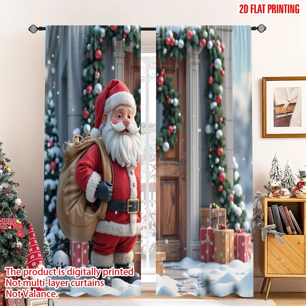 

2pcs 2D flat printing Merry Christmas Popular Window Curtains Santa Claus Gifts Christmas Snow 100% Polyester Without