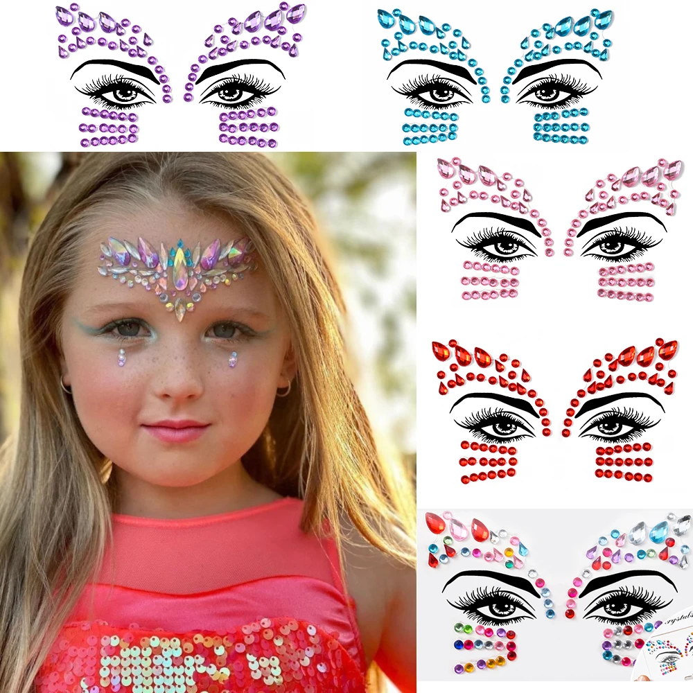 

1PC 3D Colorful Children Face Diamond Tattoo Sticker Self-adhesive Mixed Gem Sliders Music Concert Performance Crystal Decals