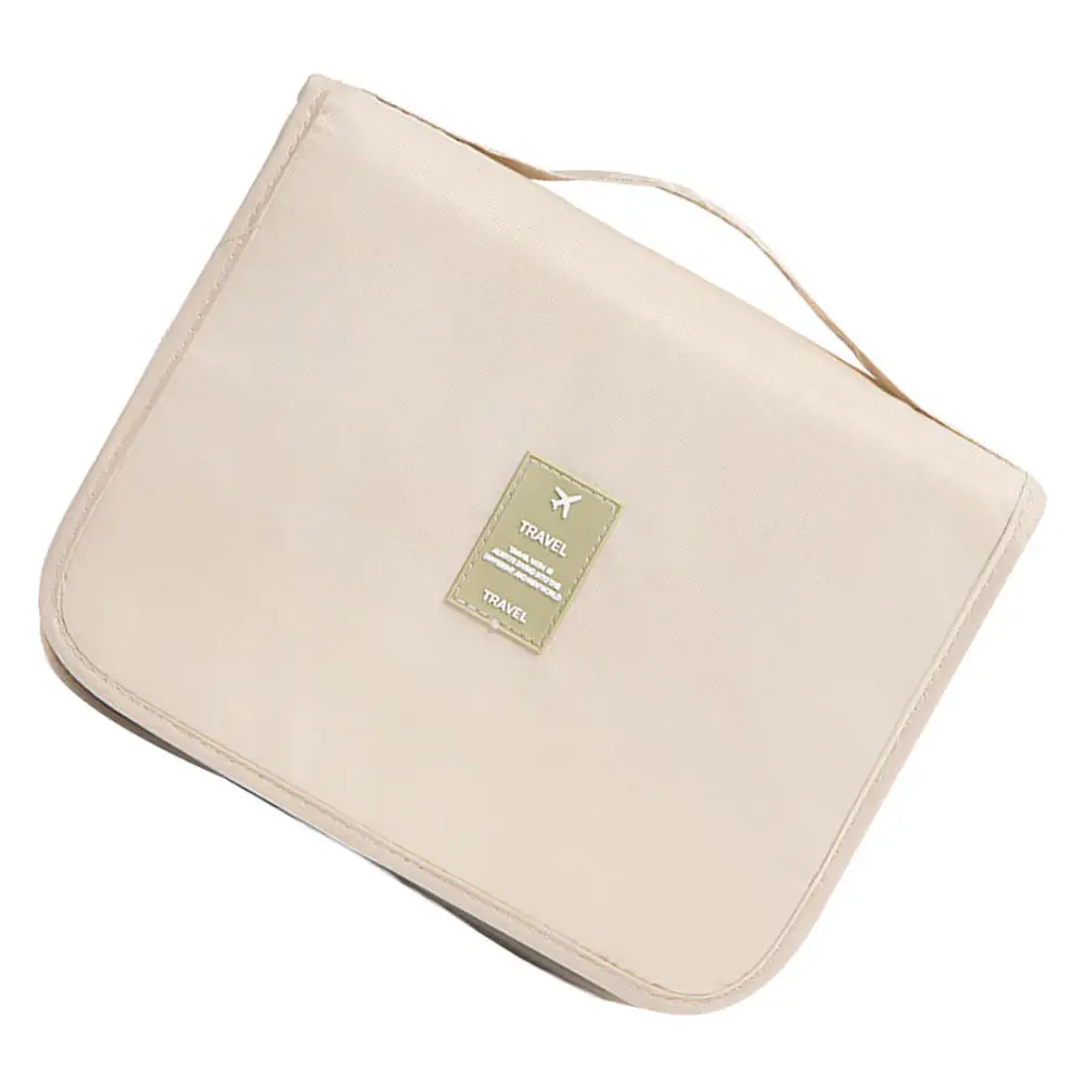 Folding Makeup Bag with Hanging Hook Travel Toiletry Organizer Visible Mesh Storage Pouch Beige