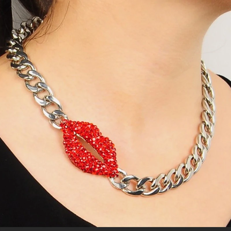 Luxury Sexy Flaming Red Lips Necklace For Women Party Anniversary Fashion Trend Full Bore Pearl Sweater Chain Trending Products