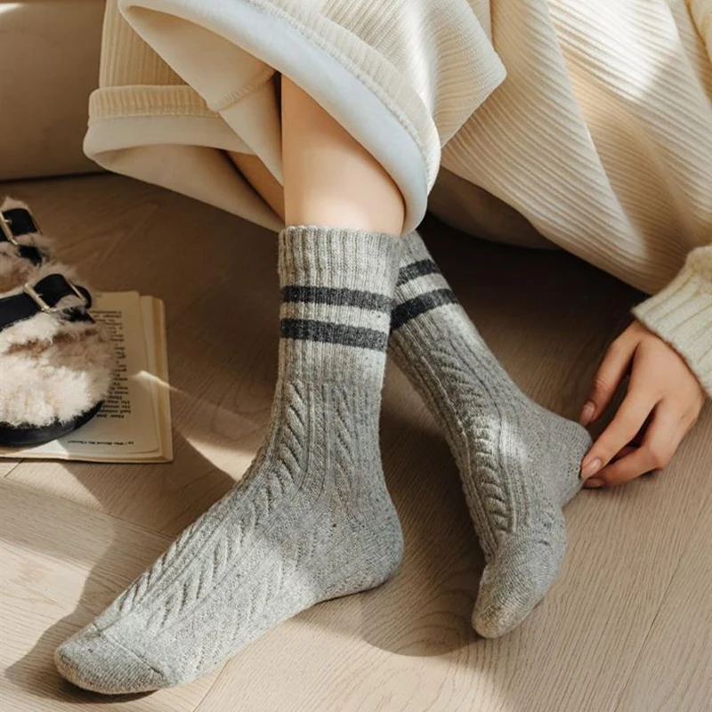 5/10 Paar Damen Herbst-Winter gestreifte mittelhohe Socken, warm, bequem, modisch, College-Stil, dreidimensionale Textur, lässige Socken – Detail 10