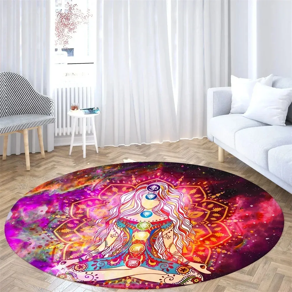 Meditation Round Carpet Spiritual Goddess Yoga Chakra Rug Living Room Bedroom Soft Floor Mat Non Slip Washable Decor