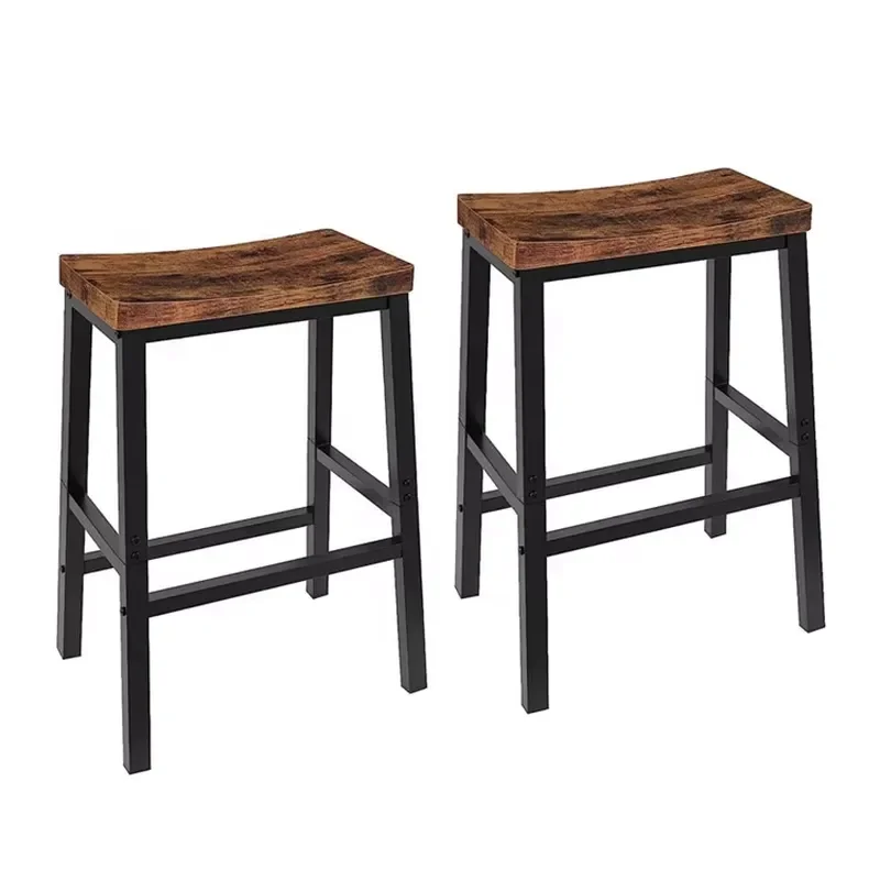 Set of 2 Ergonomic Rustic Brown Saddle Bar Stools with Footrests for Home Kitchen Counter