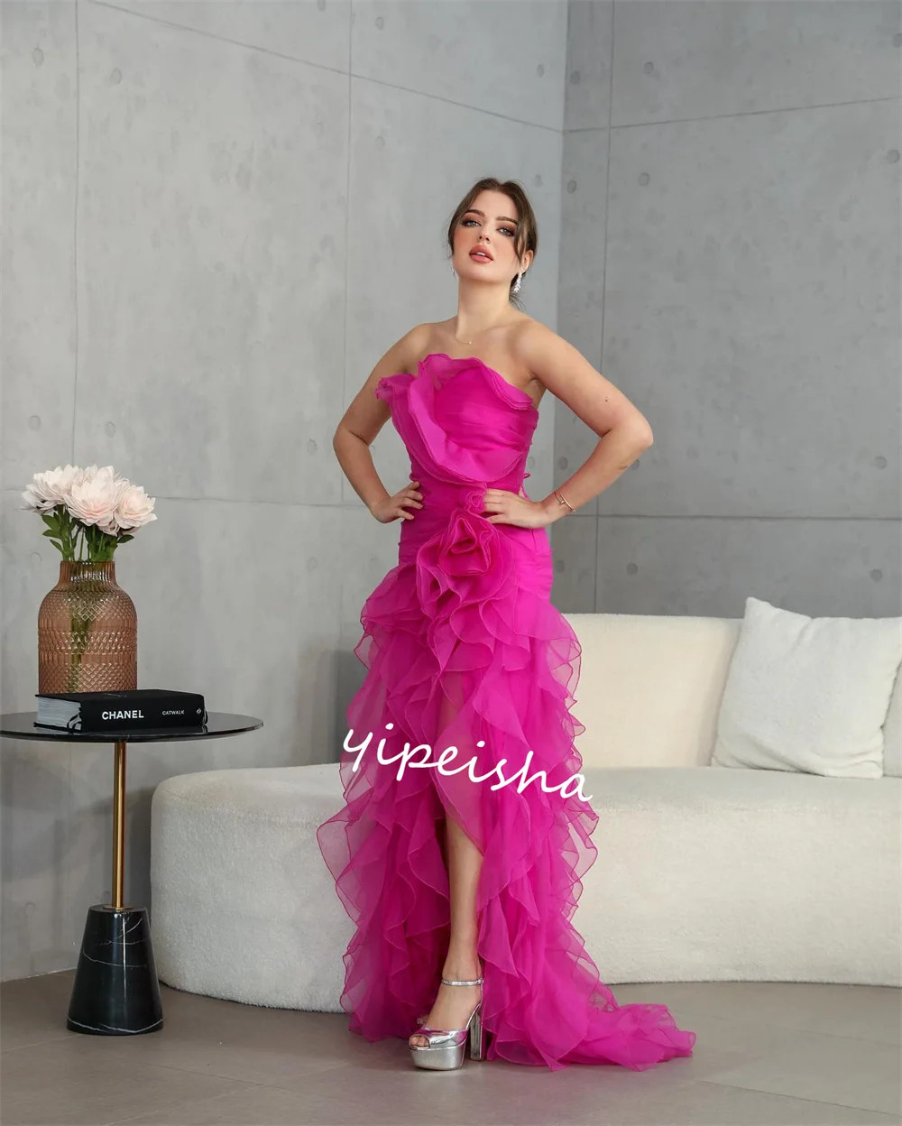 Customized    Organza Flower Pleat Celebrity A-line Strapless Bespoke Occasion Gown Long es Saudi Arabia  Dresses