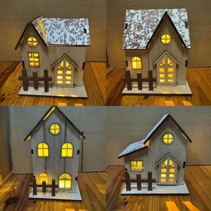 【D】Wooden Lighted Christmas Houses With Warm LED Glow And Snow Frosted Roofs Perfect For Holiday Home Table Decor