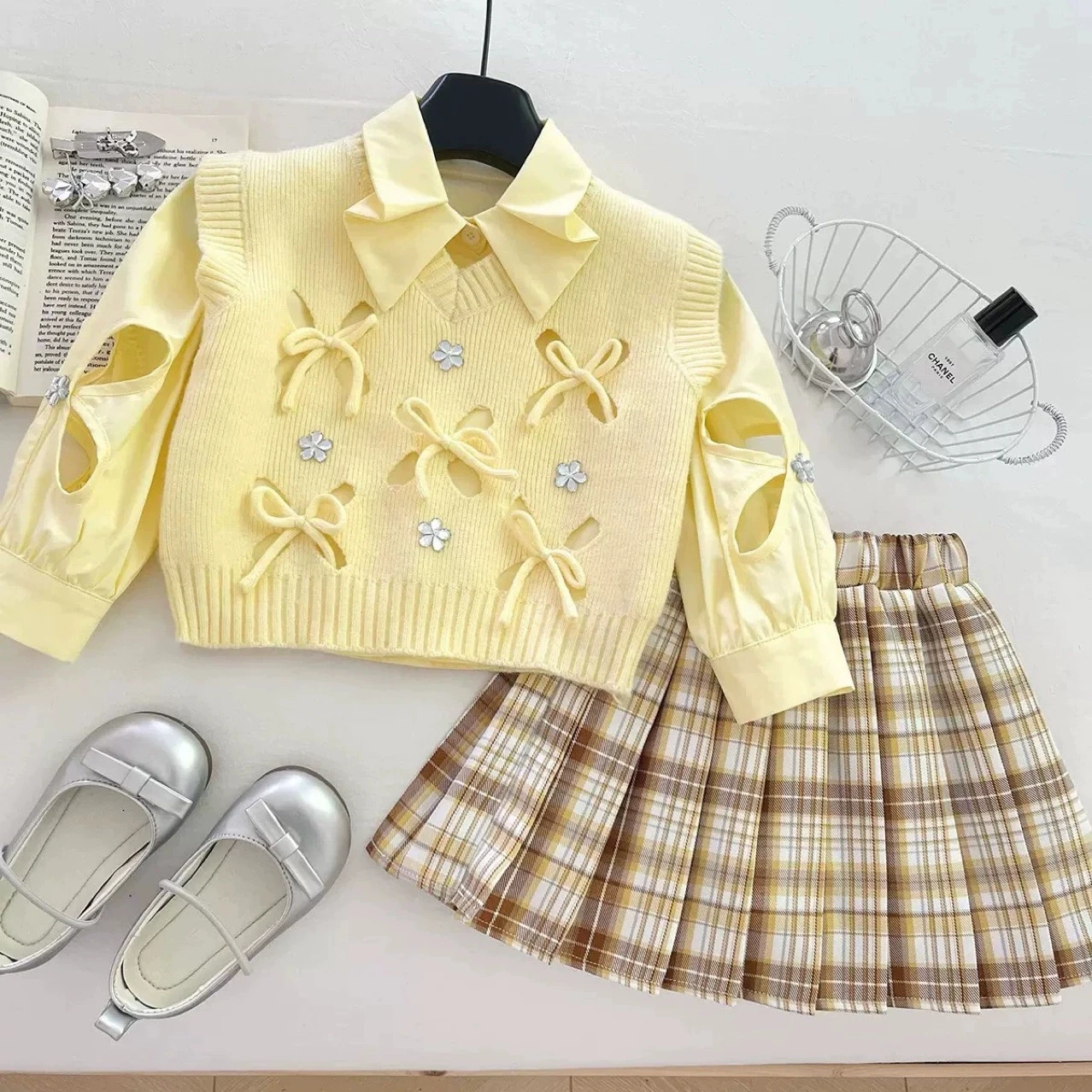 Girls Spring Autumn New Skirt Set Baby Hollow Vest Nail Bead Shirt Plaid Skirt Three Piece Set
