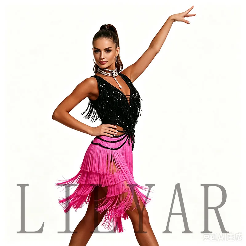 New Latin Dance Tassel Dance Skirt Competition Dress Performance Dress Pearl Jewelry Black Shining Glitter Customized Size view 4