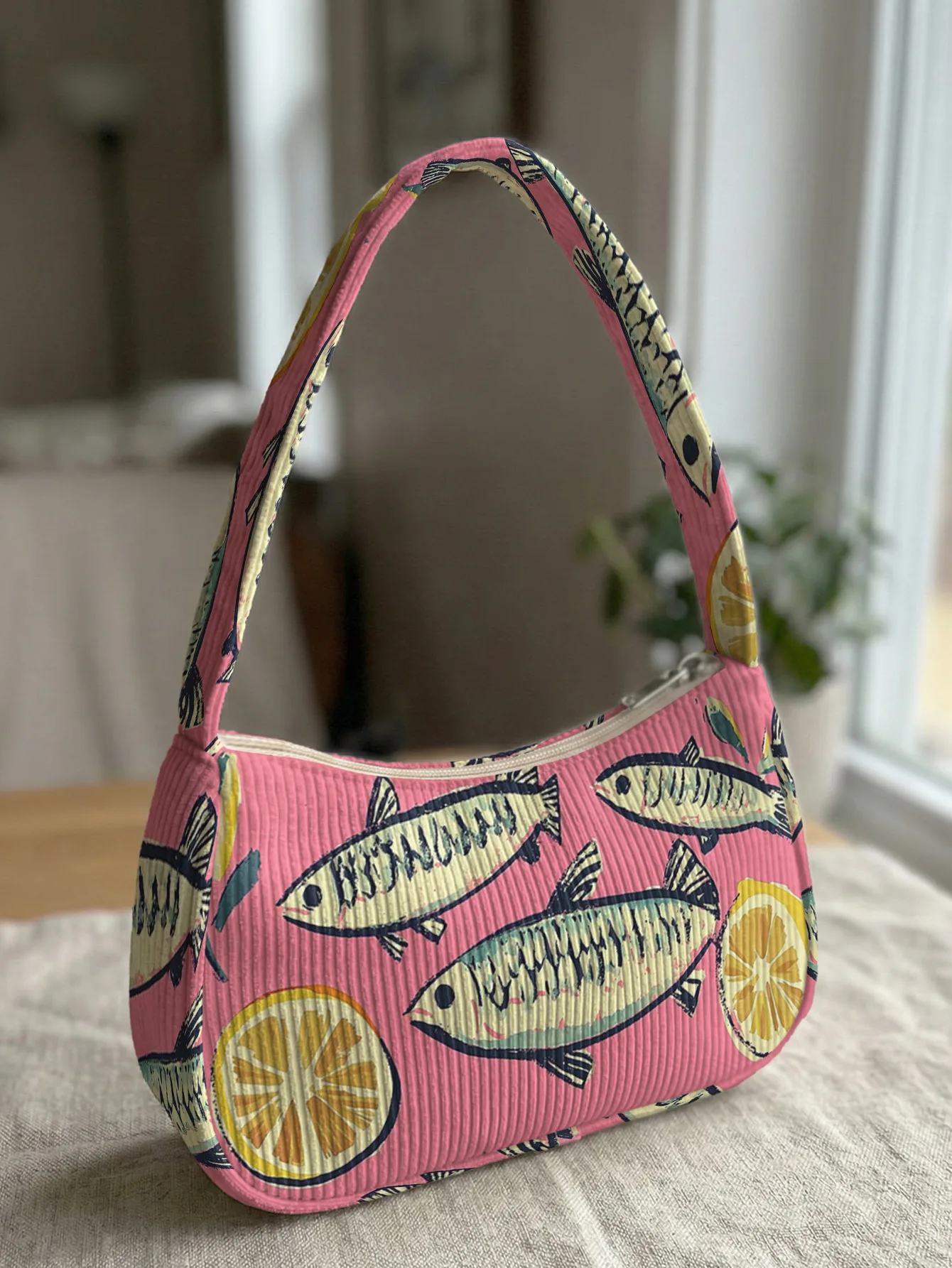 Trendy Fish & Lemon Print Shoulder Bag, Pink Corduroy Underarm Bag for Daily Casual Use