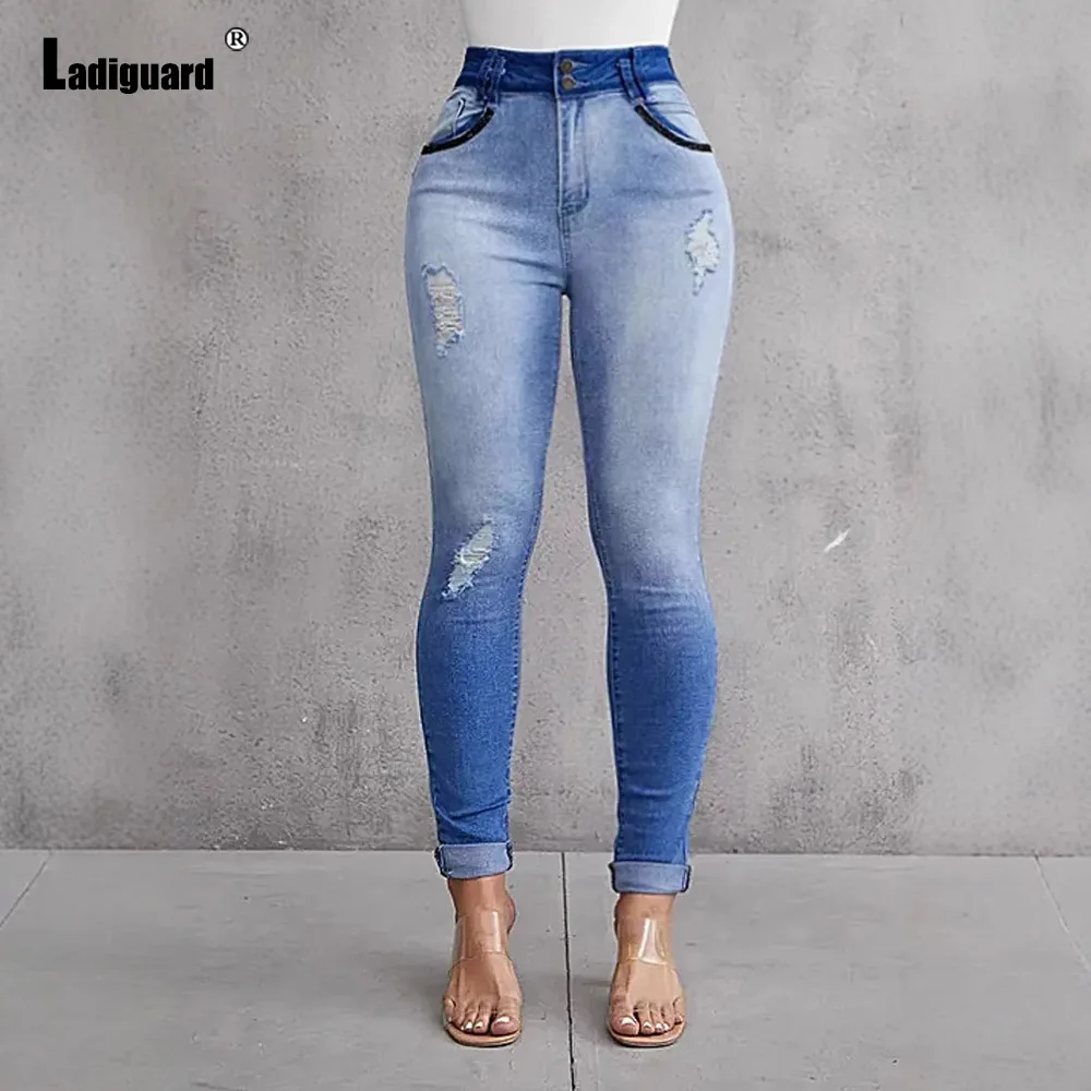 Vrouwen Hoge Cut Denim Potlood Broek Vrouwelijke Enkellange Broek Streetwear 2024 Amerikaanse En Europese Stijl Patchwork Jeans Broek