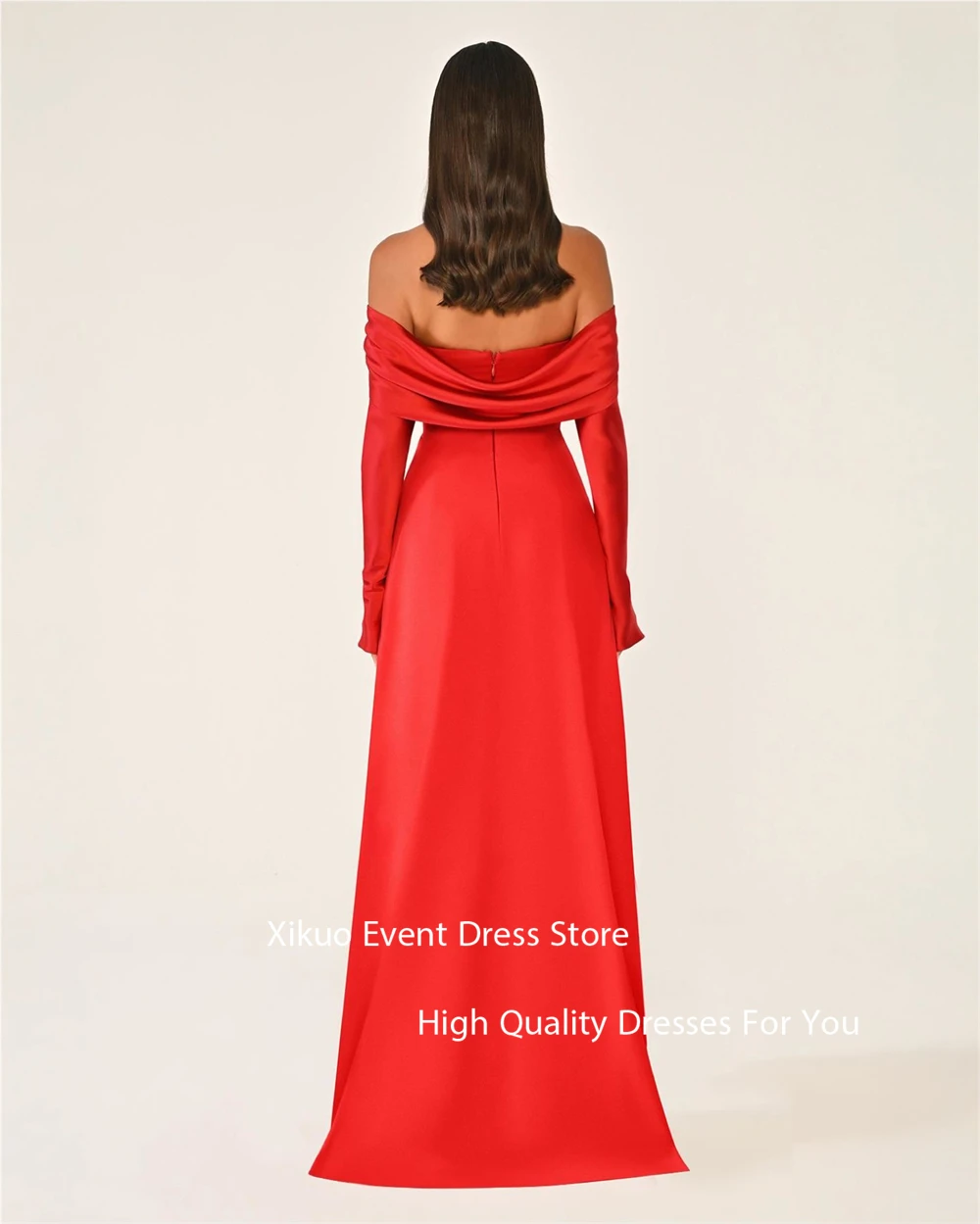 فساتين سهرة Xikuo رشيقة من الساتان الأحمر على شكل حرف A قبالة الكتف رداء كوكتيل نسائي بأكمام طويلة فساتين حفلات مطوية حسب الطلب
