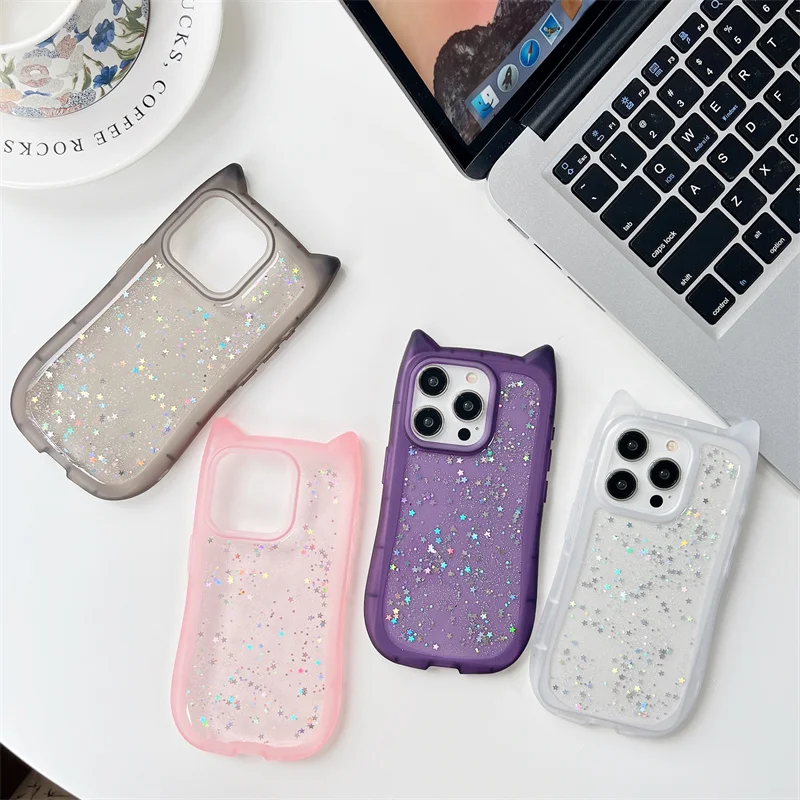 Creative Cat Cartoon Glitter Clear Phone Case For iPhone 13 12 11 14 15Pro Max Transparent Shockproof Bumber Soft TPU Back Cover