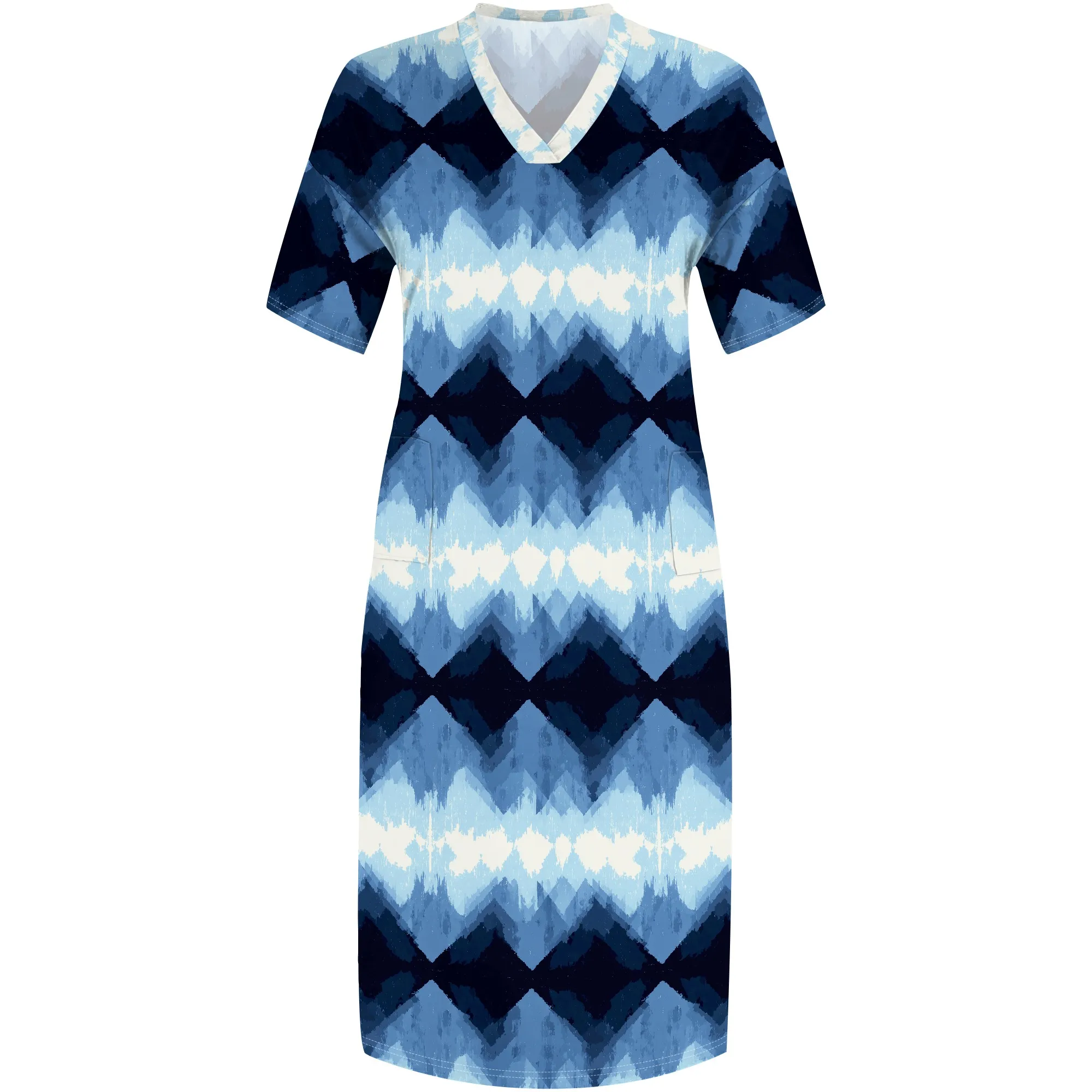 Plus Size Women's Blue Gradient Geometric Print V-Neck Maxi Dress 2025 Summer Casual Beach Party Dress XL-6XL