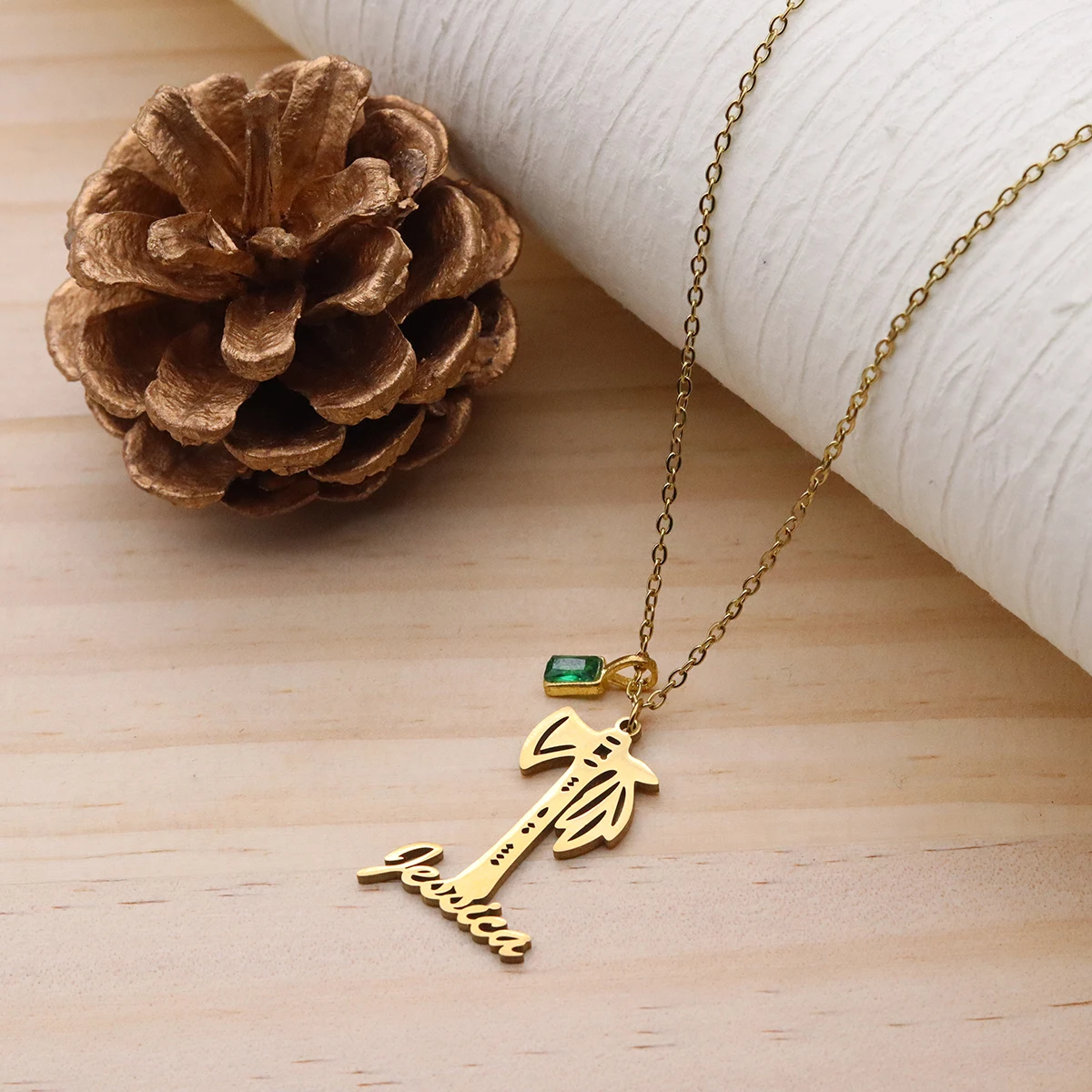 Chandler Custom Name Bohemian Statement Coconut Palm Tree Necklace For Women Stainless Steel Hawaii Jewelry