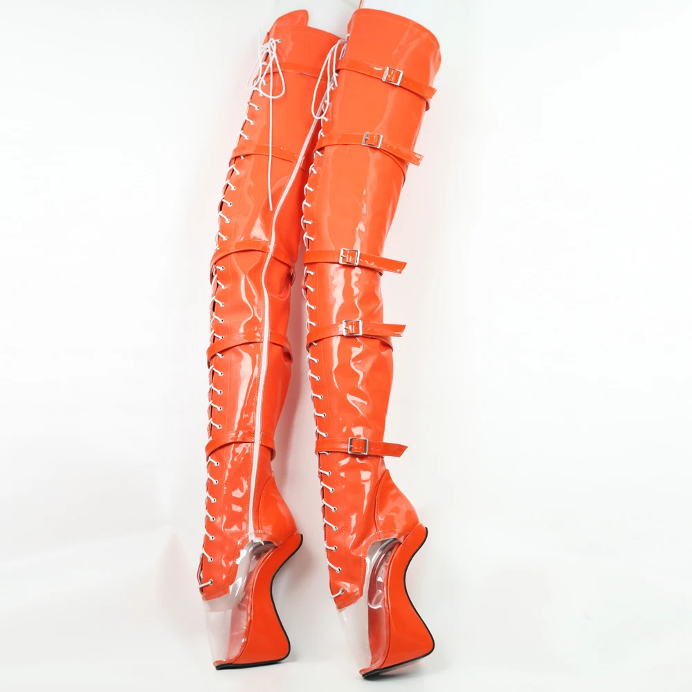 

Высокие балетки на очень высоком каблуке 18 см/7 дюймов со шнуровкой и пряжками на каблуке-копыте, сексуальные длинные сапоги до бедра на молнии в стиле фетиш