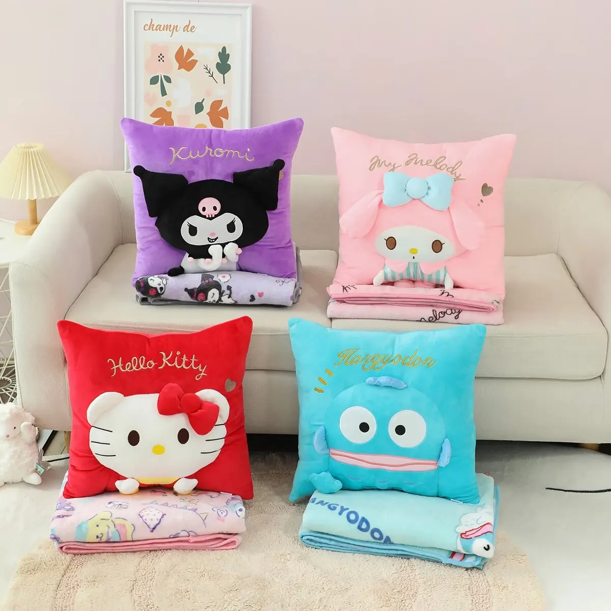 Lovely Sanrio Kuromi My Melody Hello Kitty Hangyodon Plush Pillow Melody Hello Kitty Pillow blanket Gifts For Girl