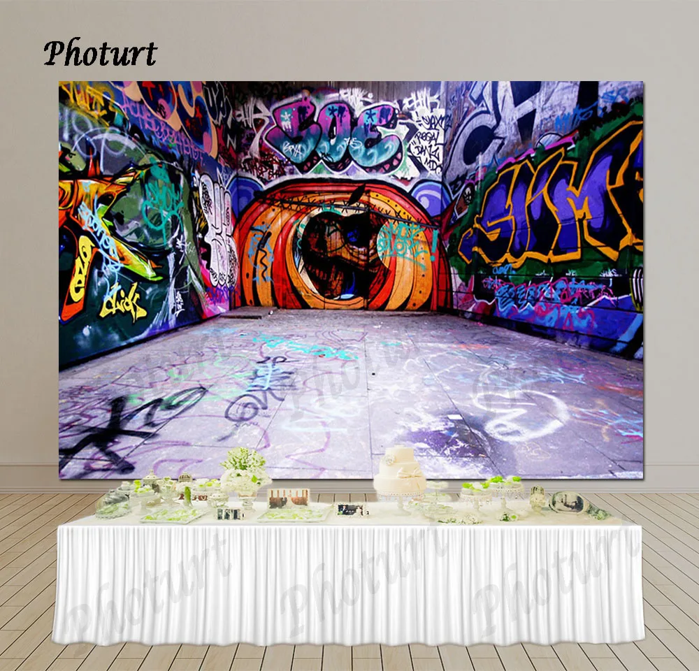 PHOTURT Hip Hop Street Graffiti Backdrop 90s Party Supply Background Colorful Pattern Spray Paint Photo Booth Studios Banner