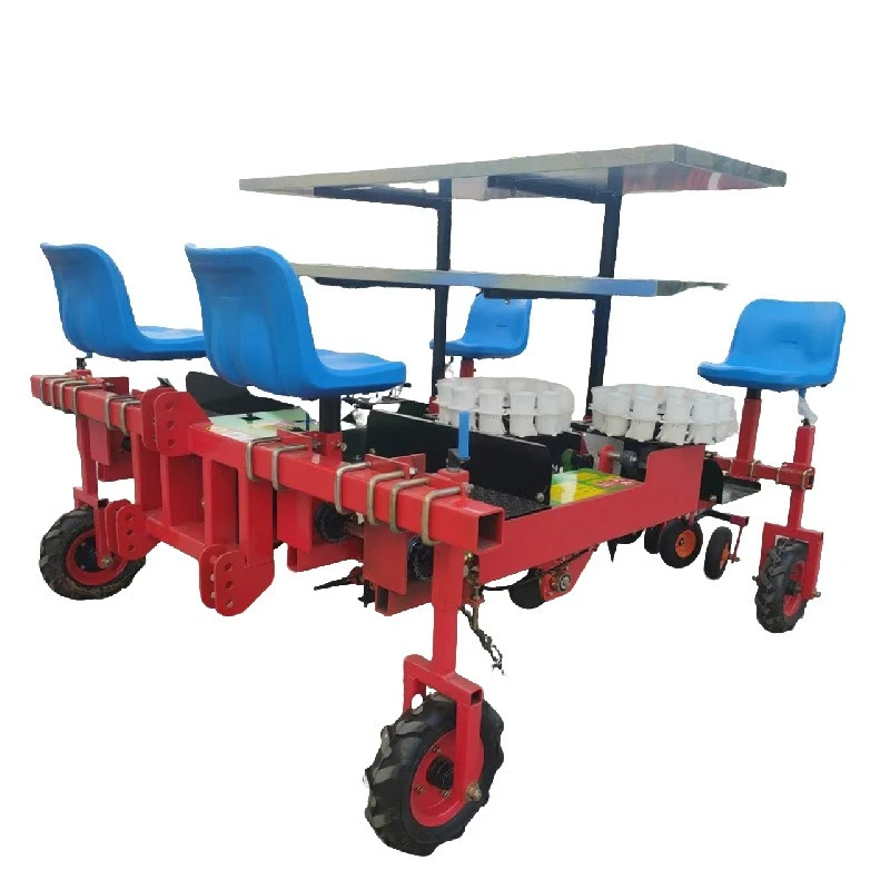 Tractor, with four-row transplanter, irrigation and shading machine