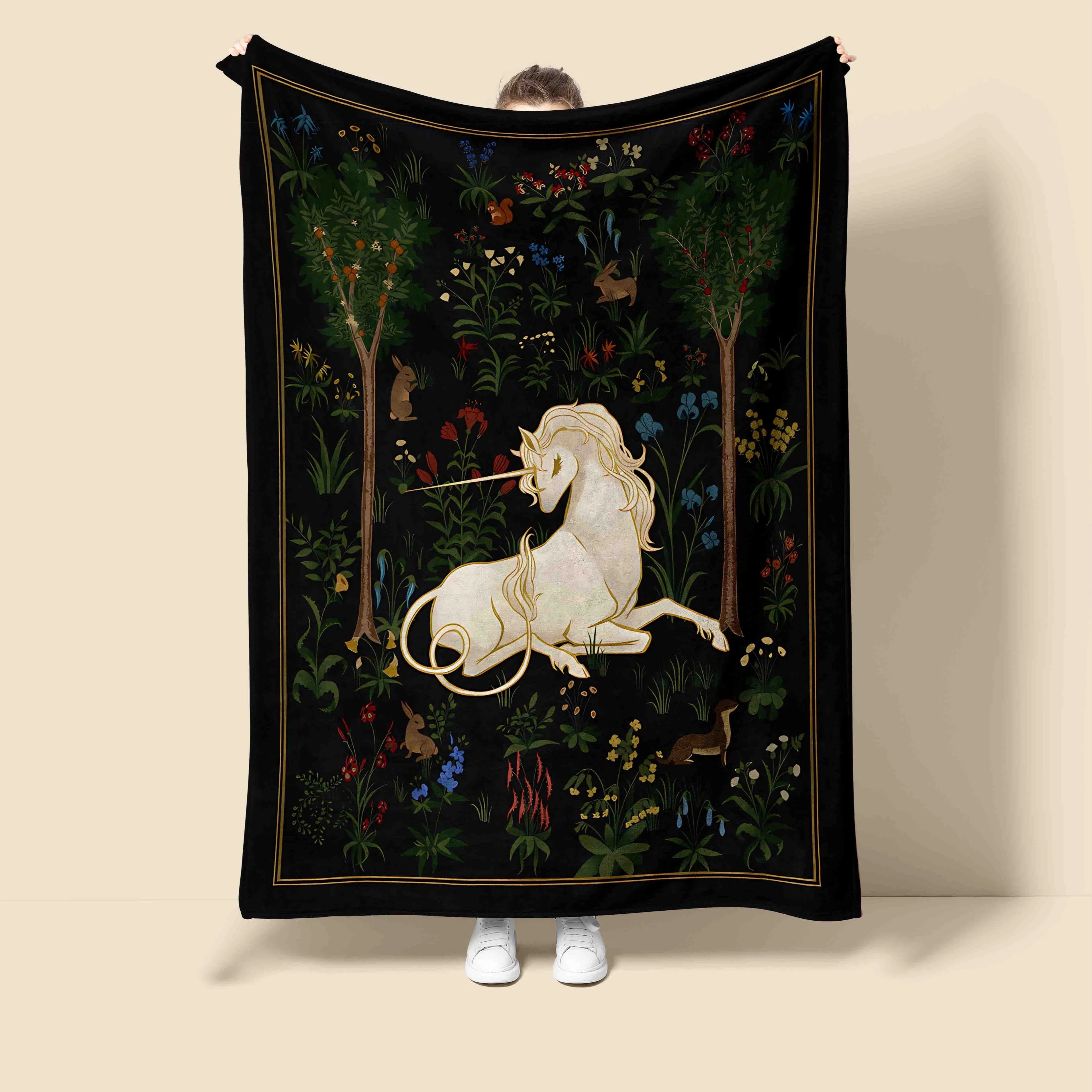 Enchanting Cartoon Unicorn Flannel Blanket, All-Season Machine Washable Multi-Color Throw with Magical Forest Design