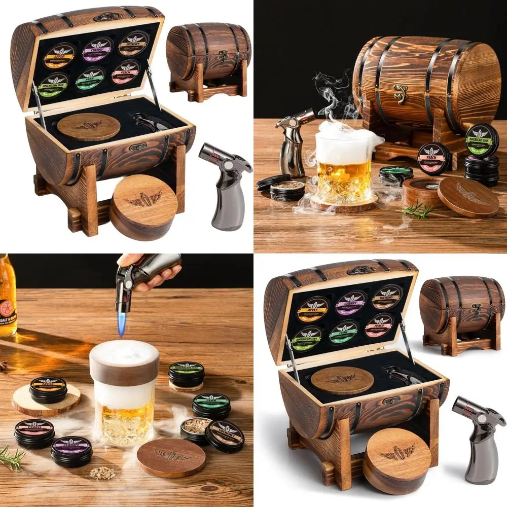 

Premium Whiskey Smoking Kit: Charred Barrel, Torch, and 6 Woods for Classic Cocktails - Ideal Gift for Whiskey Lovers