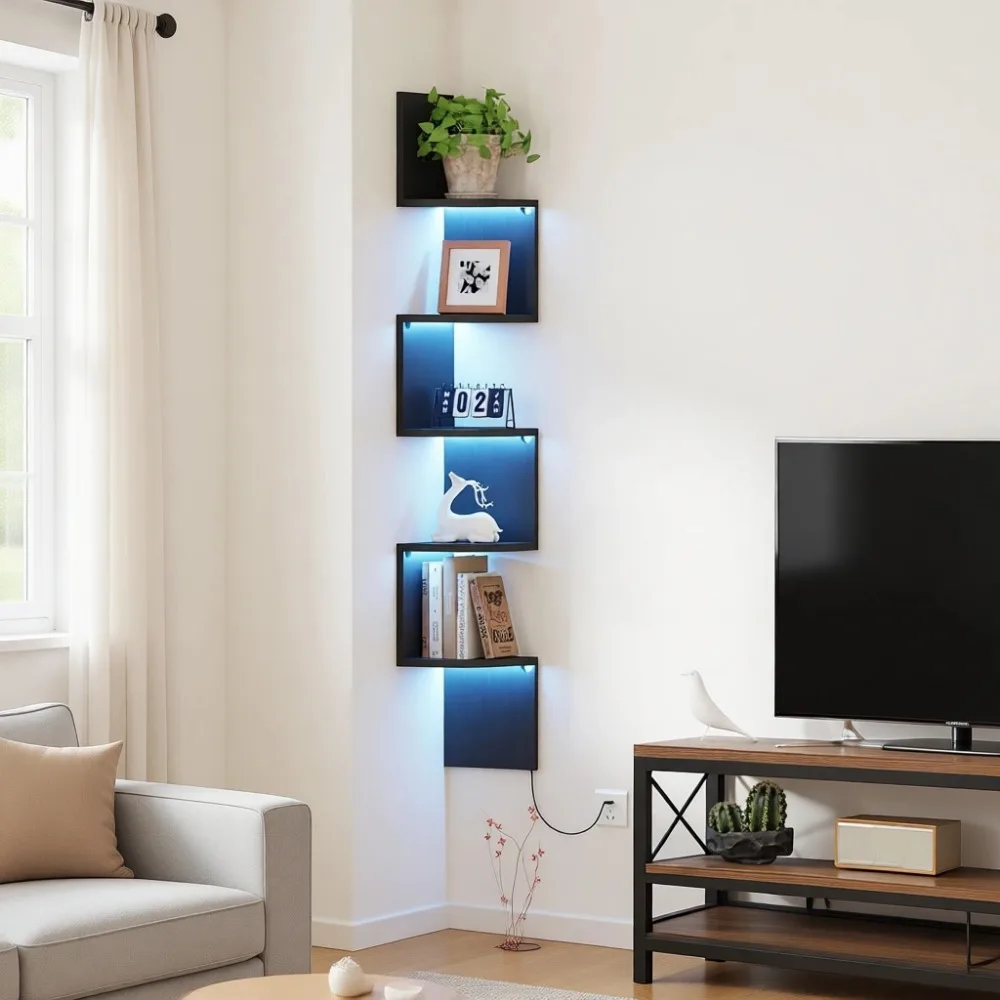 

5-ярусная угловая настенная полка с LED-подсветкой, плавающая книжная полка, подставка для растений для спальни, гостиной, ванной комнаты, офиса, черная