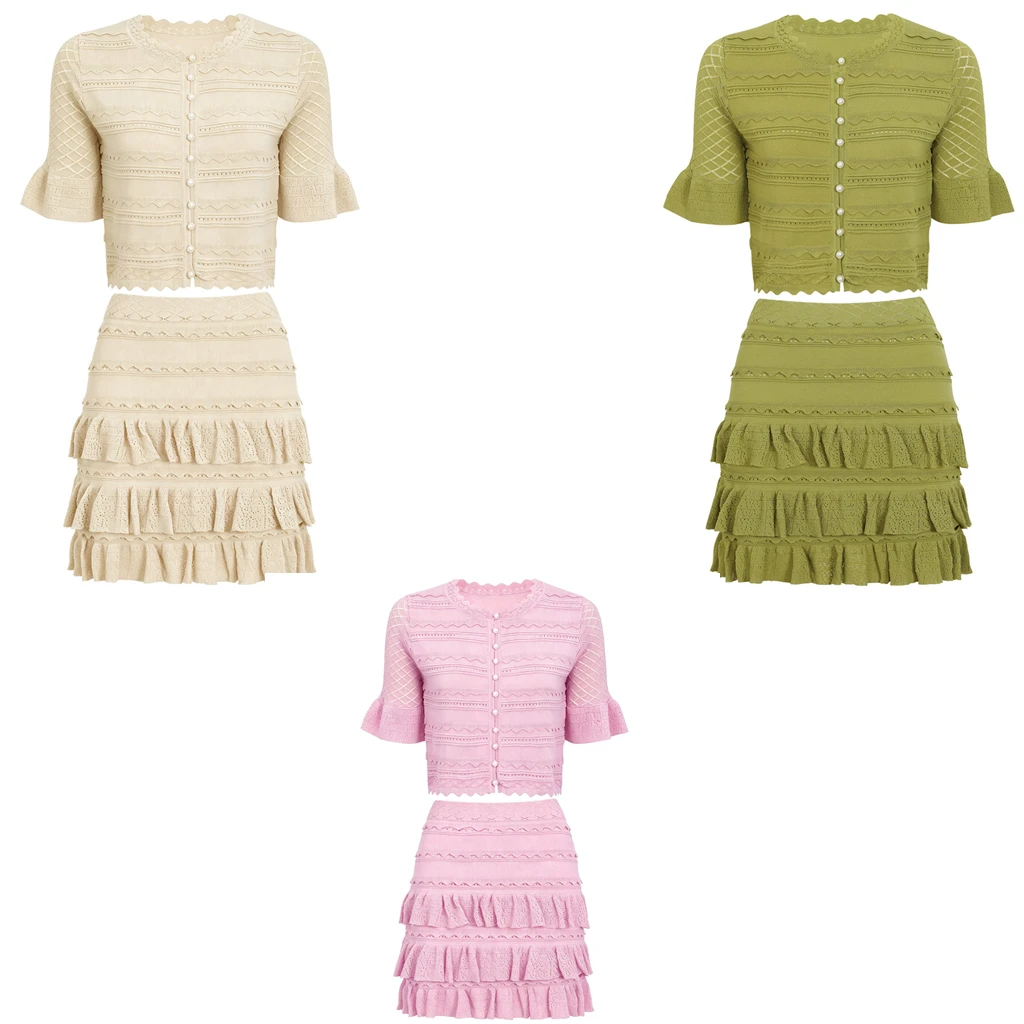 Summer new women's versatile knitted top cardigan jacket T-shirt+mini skirt set for Party, casual daily vacation traf
