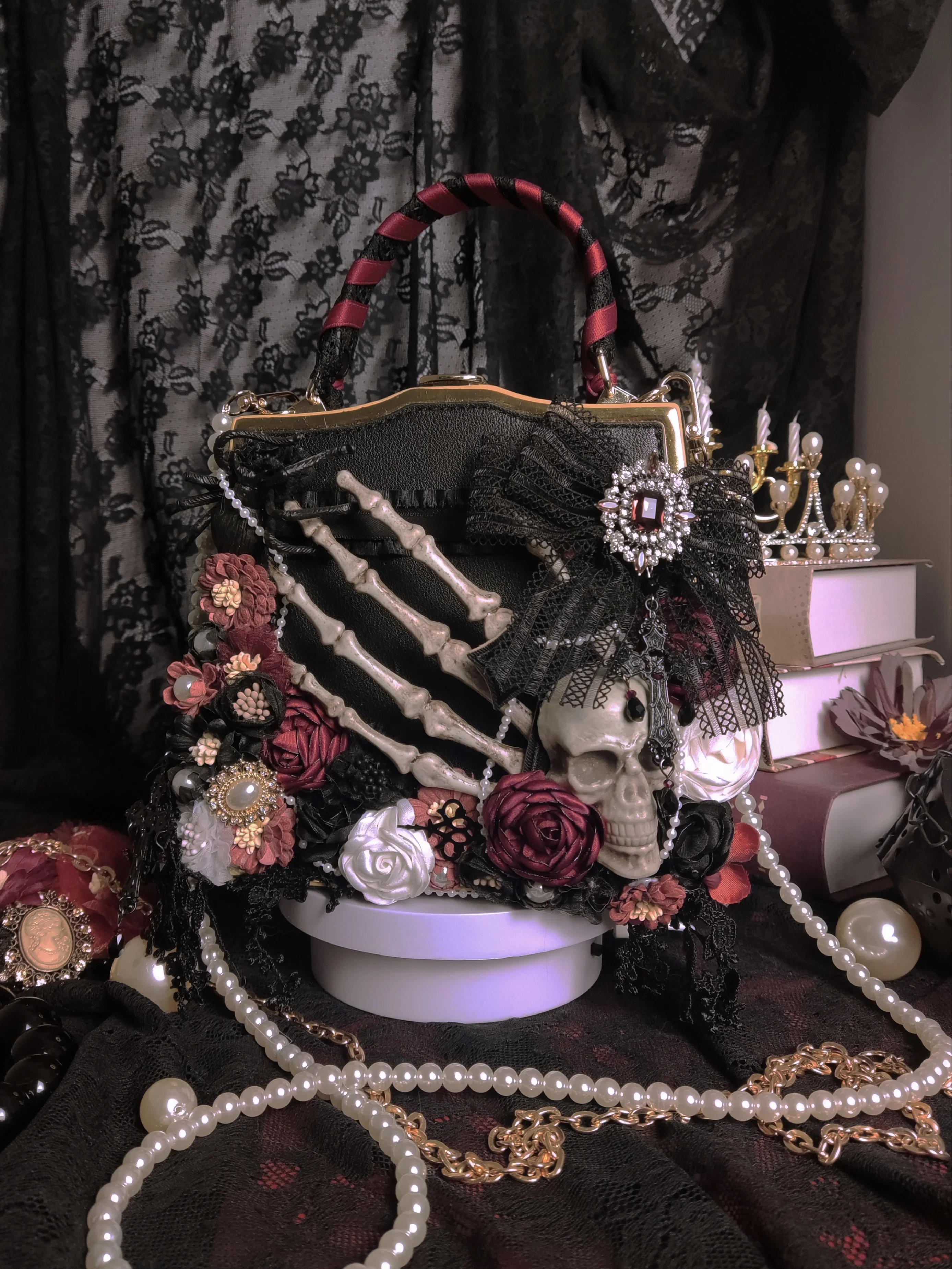 Gothic Girl Vintage Punk Women Handbags Black Flower Shoulder Bag Crossbody Bags Butterfly Skeleton Hand