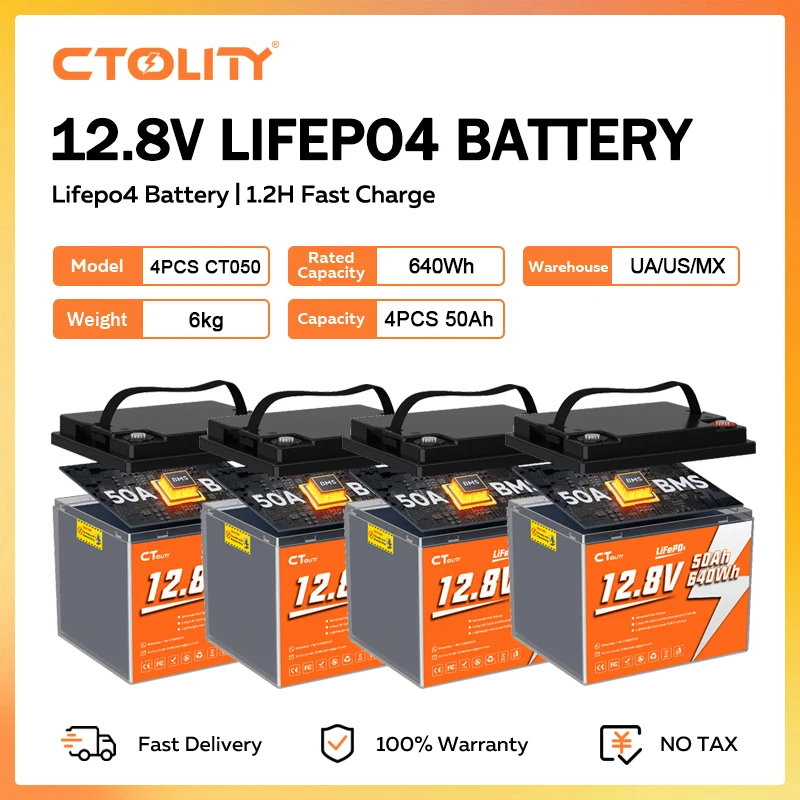 

Аккумулятор CTOLITY LiFePO4 12В 50Ач, 4 шт., 640Втч, 12.8В с BMS для солнечных энергосистем и генераторов, 4000+ циклов, класс А, новый