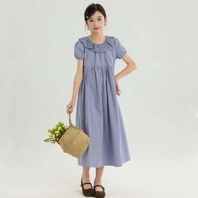 2026 Summer New Girls Dress Girls Lotus Leaf Collar Rural Style Retro Dress Princess Dress