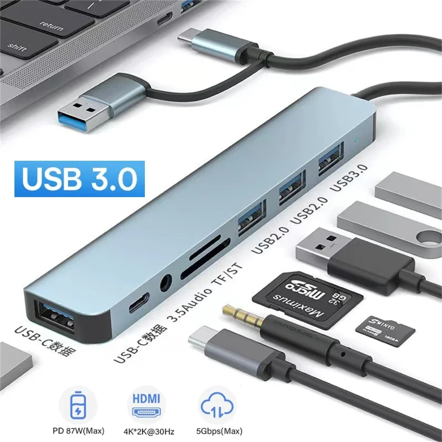 

Док-станция 8 В 2, 3,0 дюйма, USB C, разветвитель типа C, 5 Гбит/с, OTG адаптер для профессиональных компьютерных аксессуаров